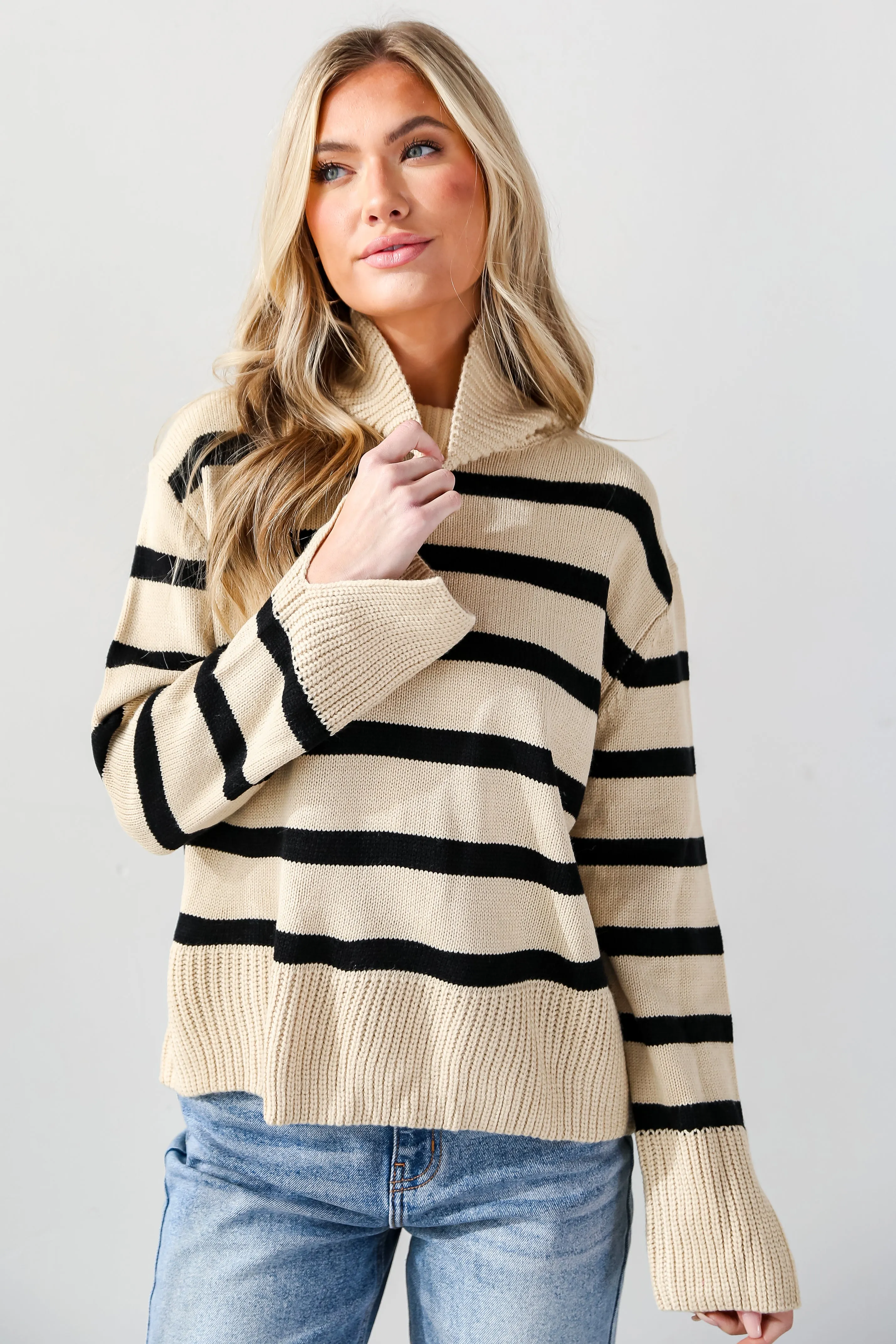 FINAL SALE - Signature Stunner Taupe Striped Turtleneck Sweater