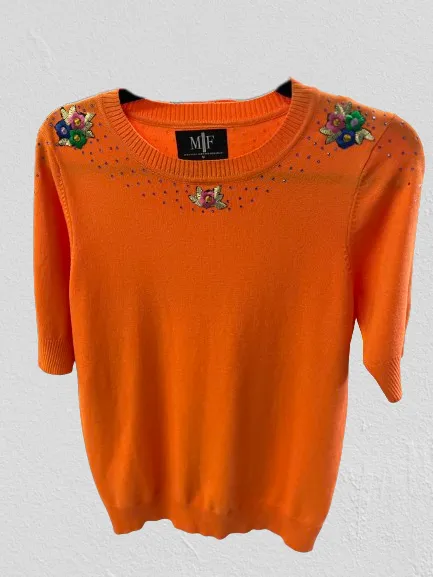 Floral Embelished Orange Short Sleeve Sweater