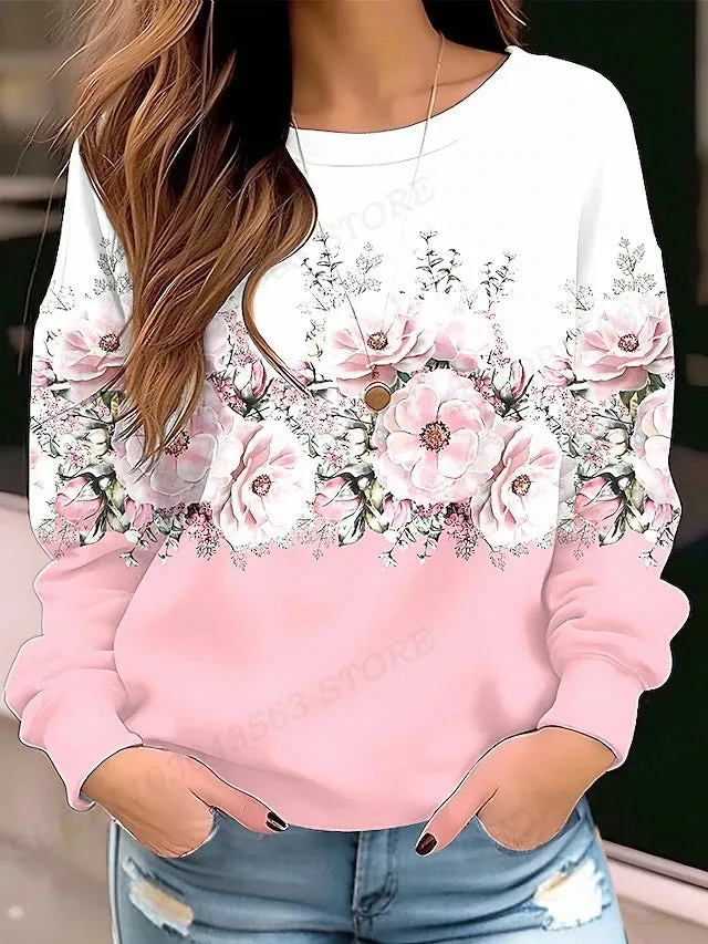 Floral Hoodie O-neck Y2k Hoodie Women Fashion Hoodies Girl Coats Women Sweats Flower Clothes Gifts Coats Round Neck Pullovers