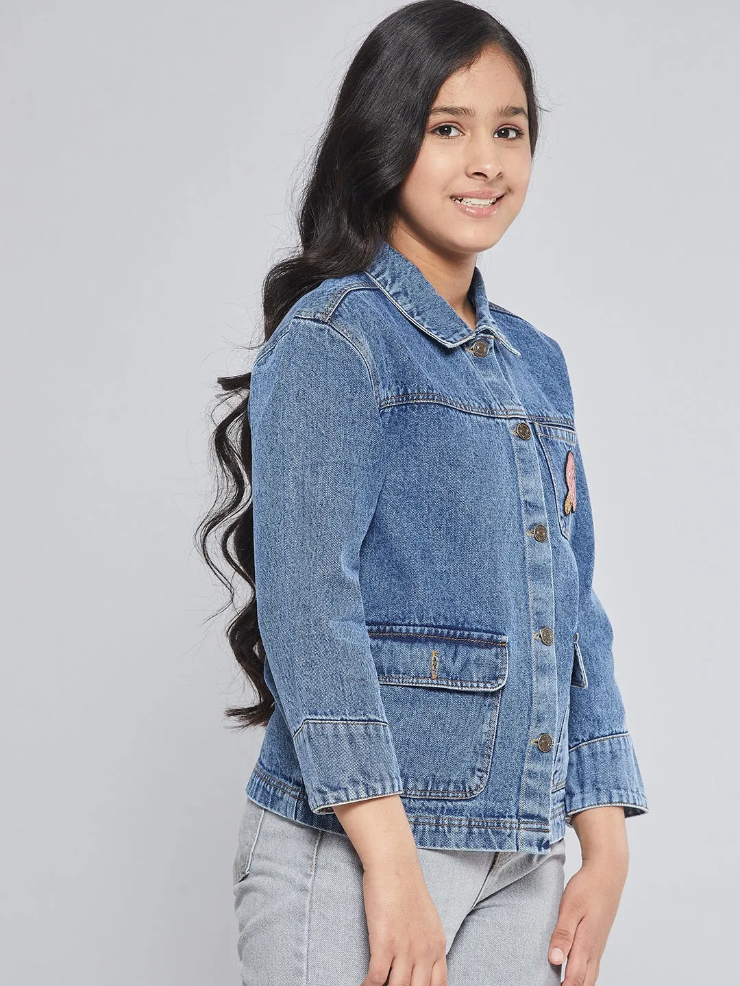 Girls Blue Ice Cream Patch Denim Jacket