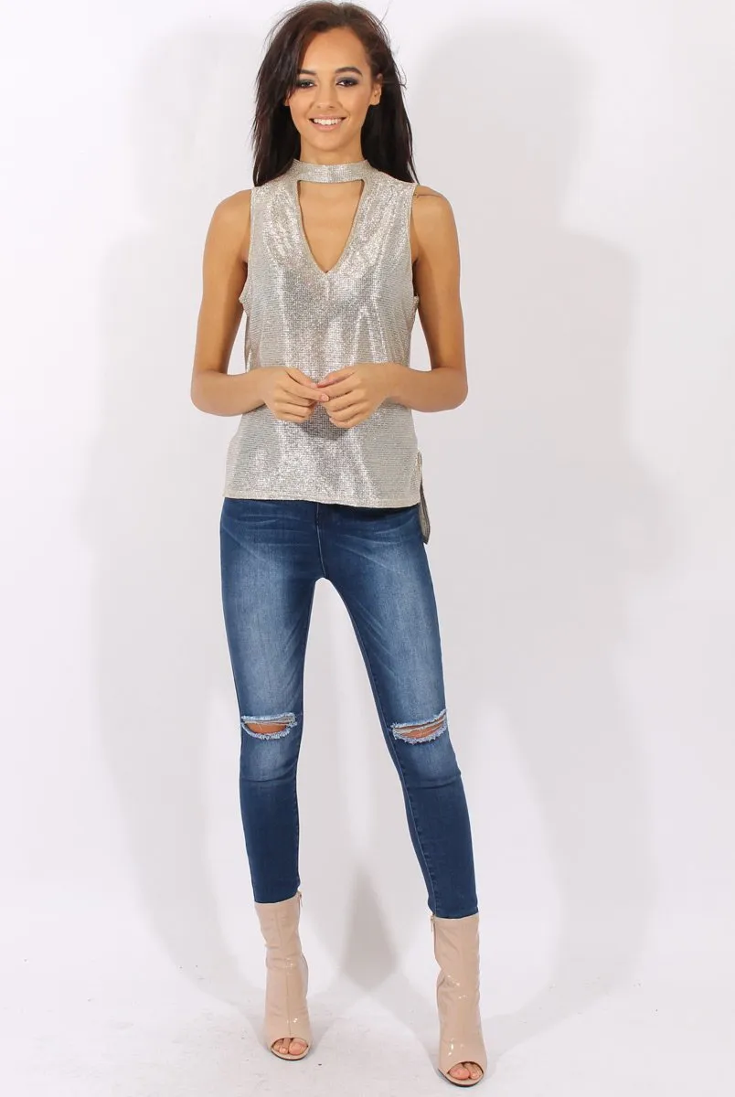 Gold Metallic Shimmer High Neck Cut Out Front Top - Fridya