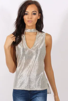 Gold Metallic Shimmer High Neck Cut Out Front Top - Fridya