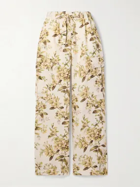 Golden floral-print linen cargo pants