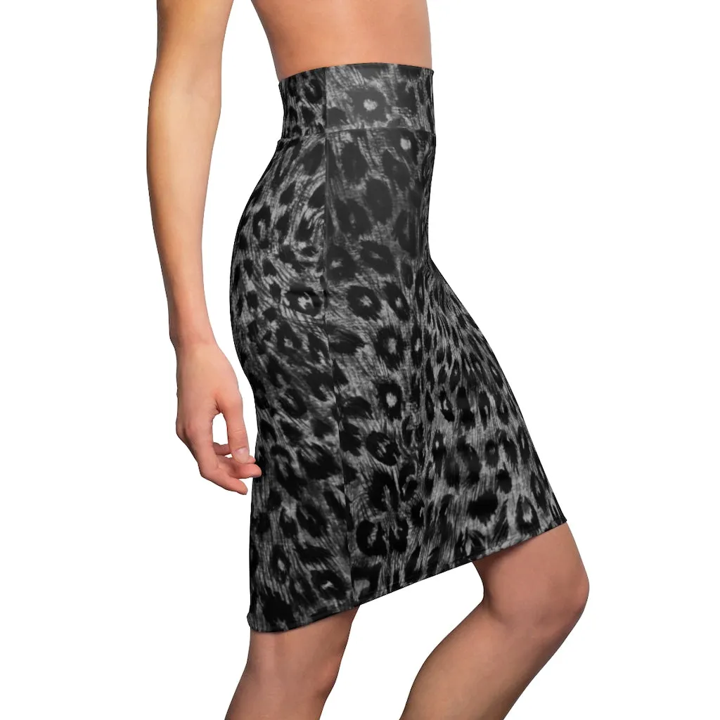 Grey Leopard Women's Pencil Skirt, Animal Print Designer Skirt-Made in USA (US Size XS-2XL)