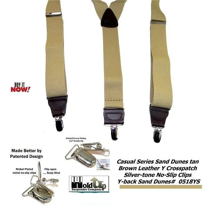 Holdup Brand Sand Dunes Tan Casual Series Suspenders in Y-back style with Silver Tone No-slip Clips