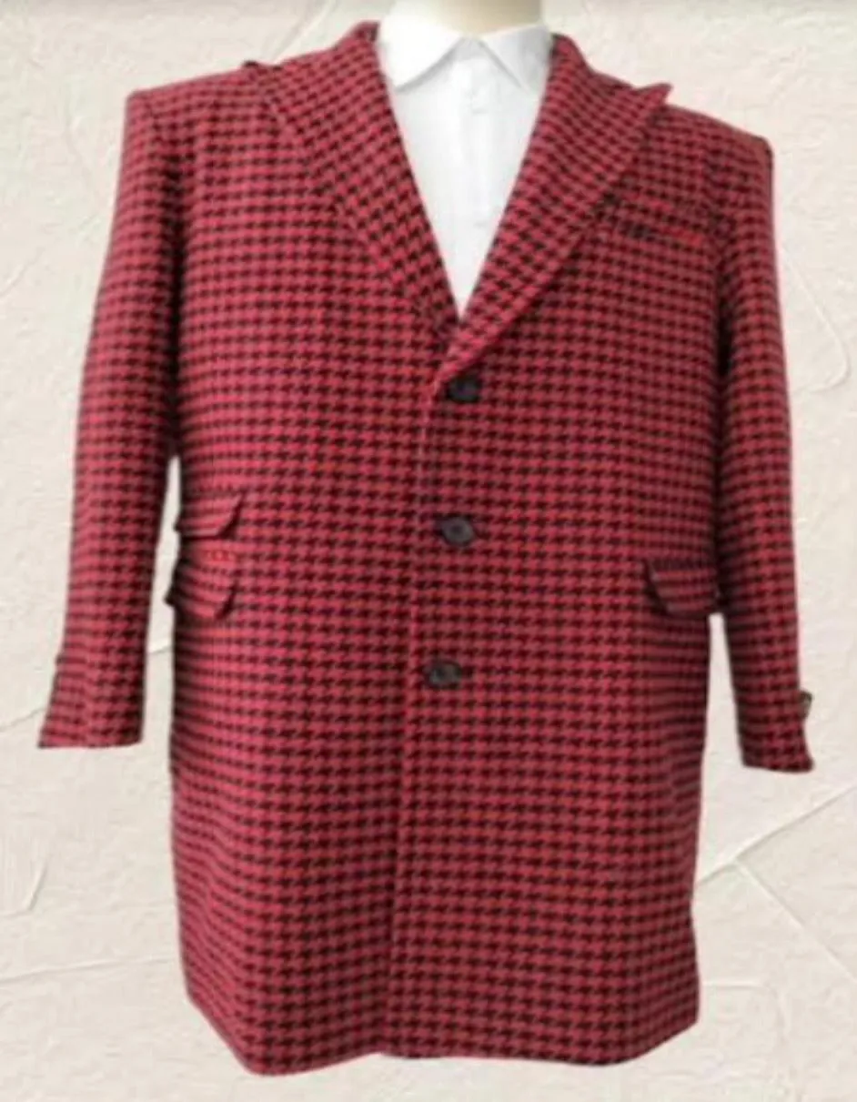 Houndstooth Overcoat - Houndstooth Topcoat - Houndstooth Checker Car Coat - Peak Lapel Red