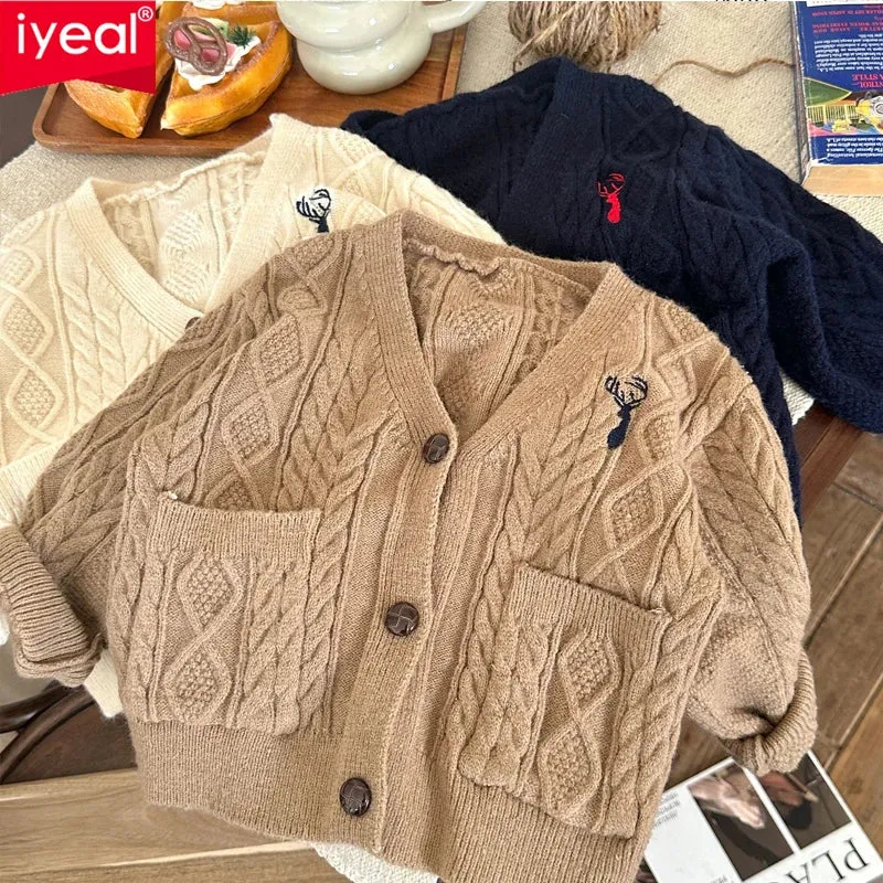 IYEAL 2024 Spring New Children's Cardigan Sweater Fashion Long sleeved Knitted Sweater Boys and Girls Top Children's Wear