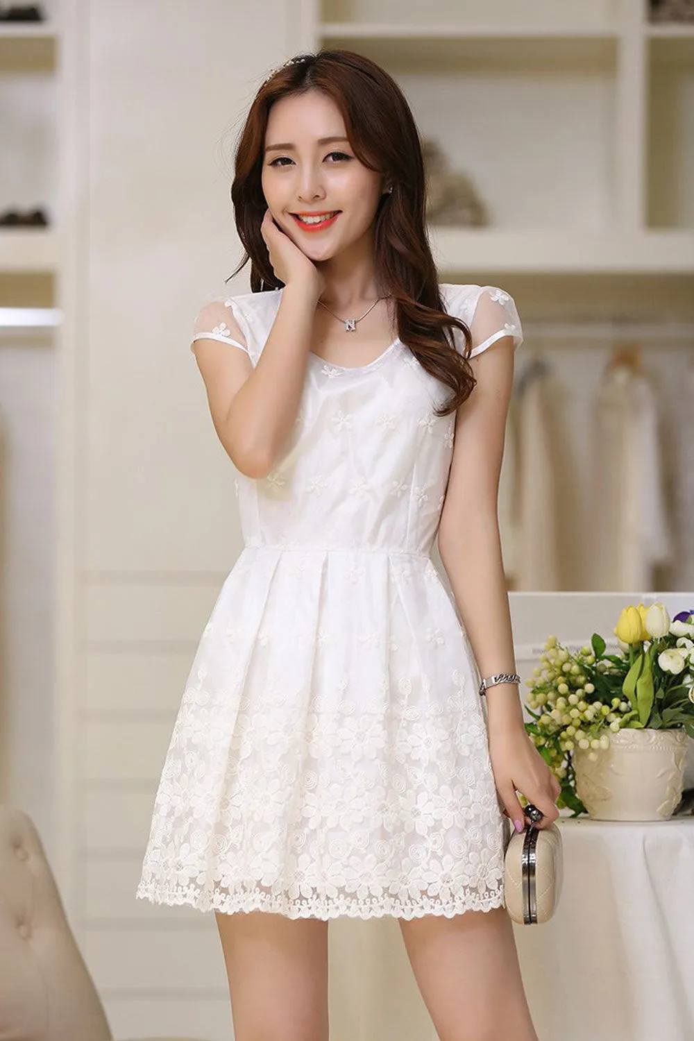 Ketty More Women Round Neck Flower Lace Short Skirt Dress-KMWD315