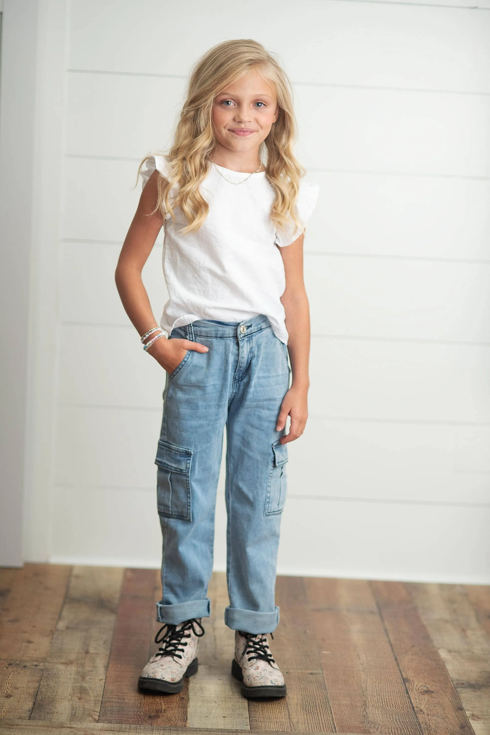 Kids Light Wash Faded Denim Cargo Pant with Pockets