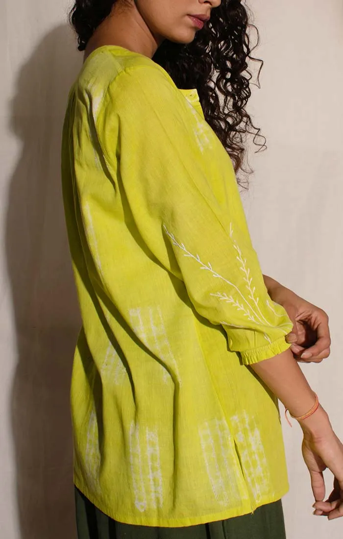 Lime Green Shibori Top with Olive Green Organic Cotton Culottes