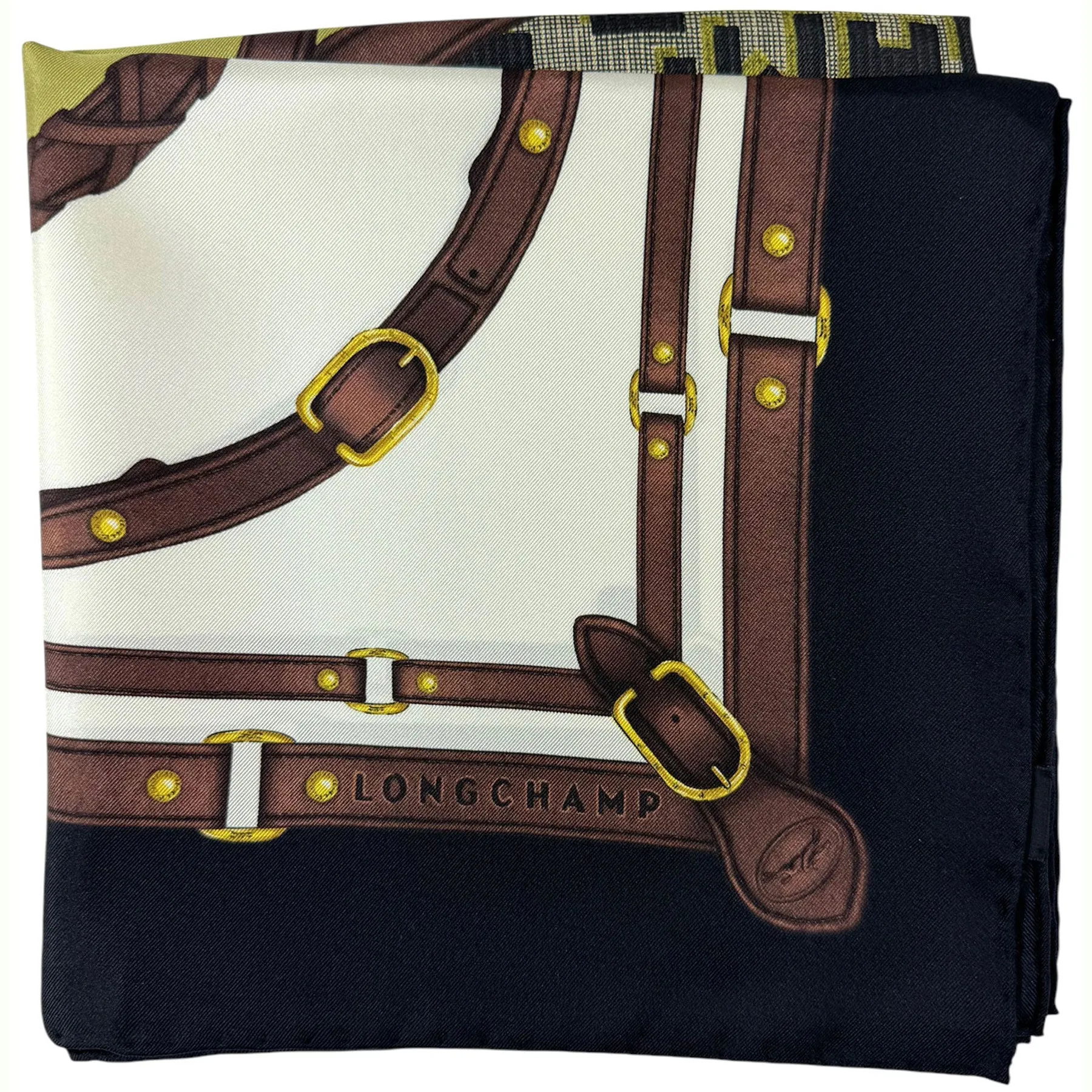 Longchamp Paris Scarf Black Brown Olive Equestrian Design - Silk Square Foulard SALE