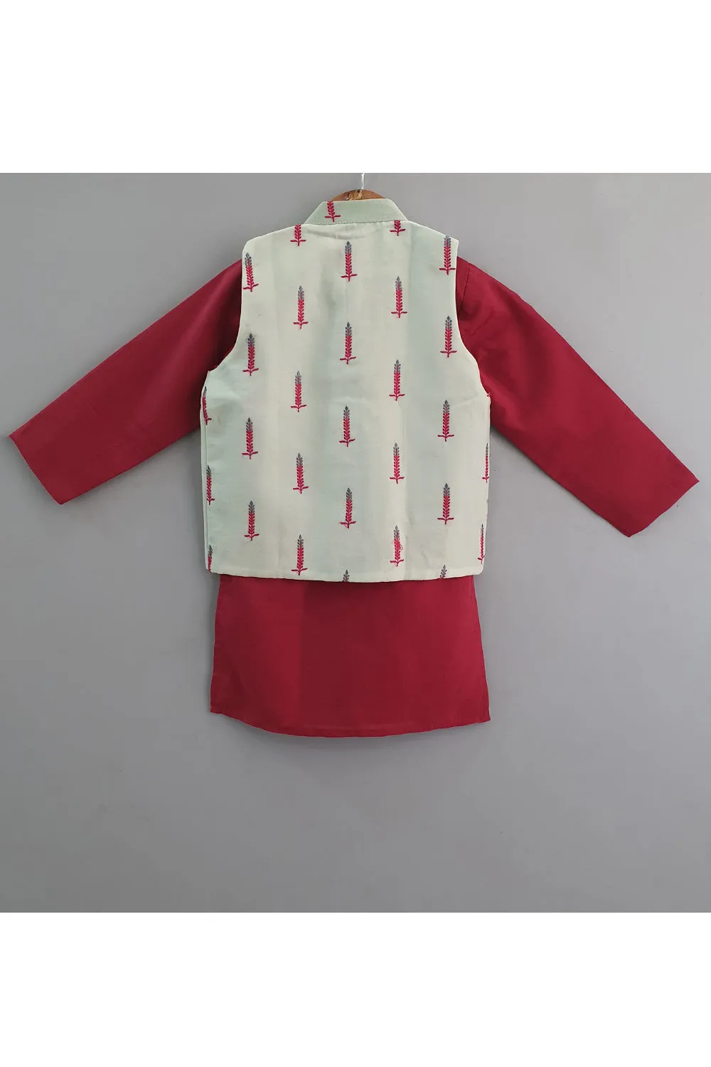 Maroon Cotton Kurta With Embroidered Chanderi Jacket Set