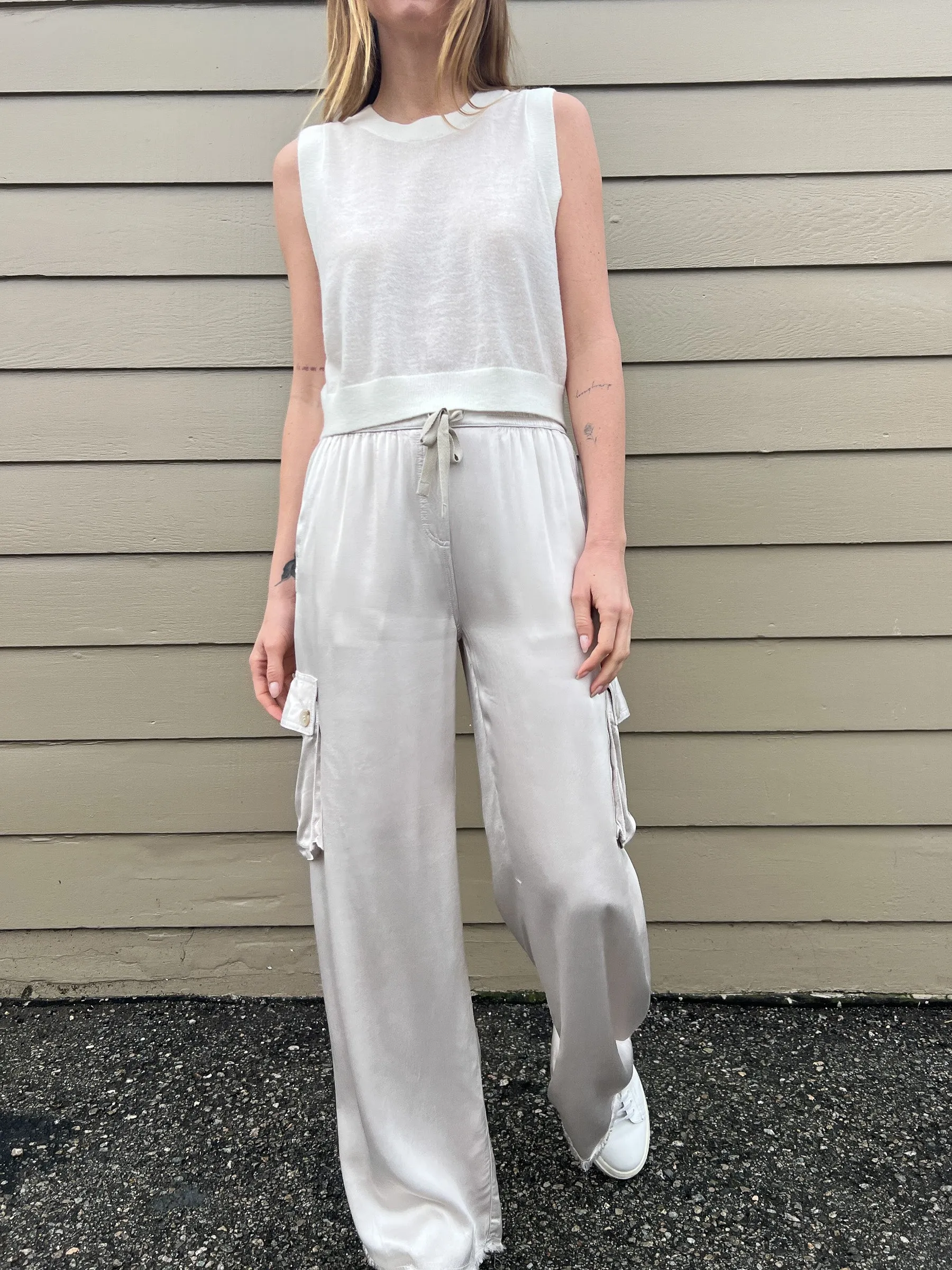 Mason Cargo Pant in Vintage Satin - Parchment