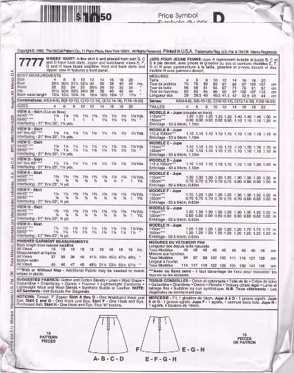 McCall's 7777 Sewing Pattern - Eight Style of Skirt