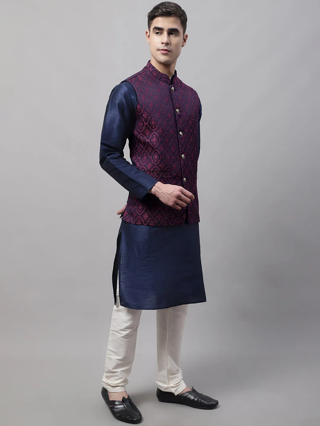 Men Navy Blue And Maroon Woven Design Waistcoats