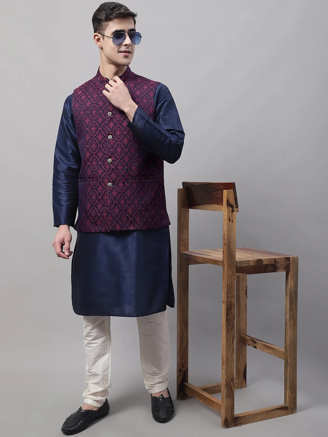 Men Navy Blue And Maroon Woven Design Waistcoats