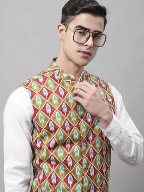 Men Olive And Maroon Printed Waistcoats