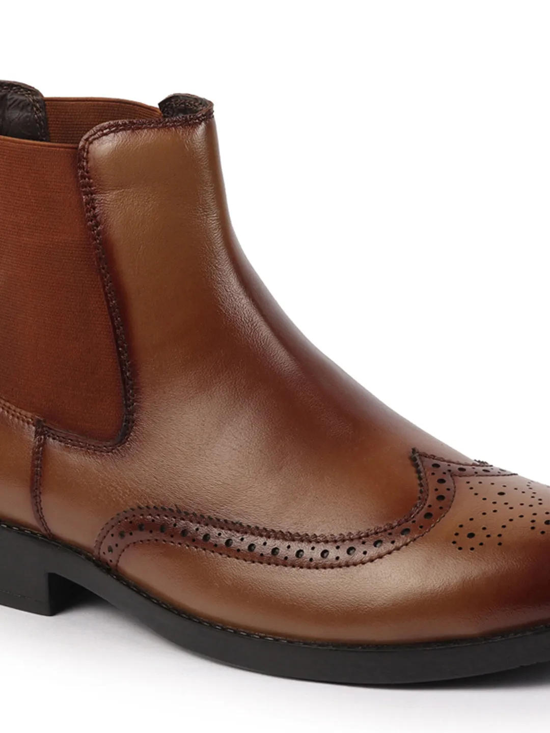 Men Tan Genuine Leather Brogue High Ankle Slip On Chelsea Boots|Tuxedo Shoes