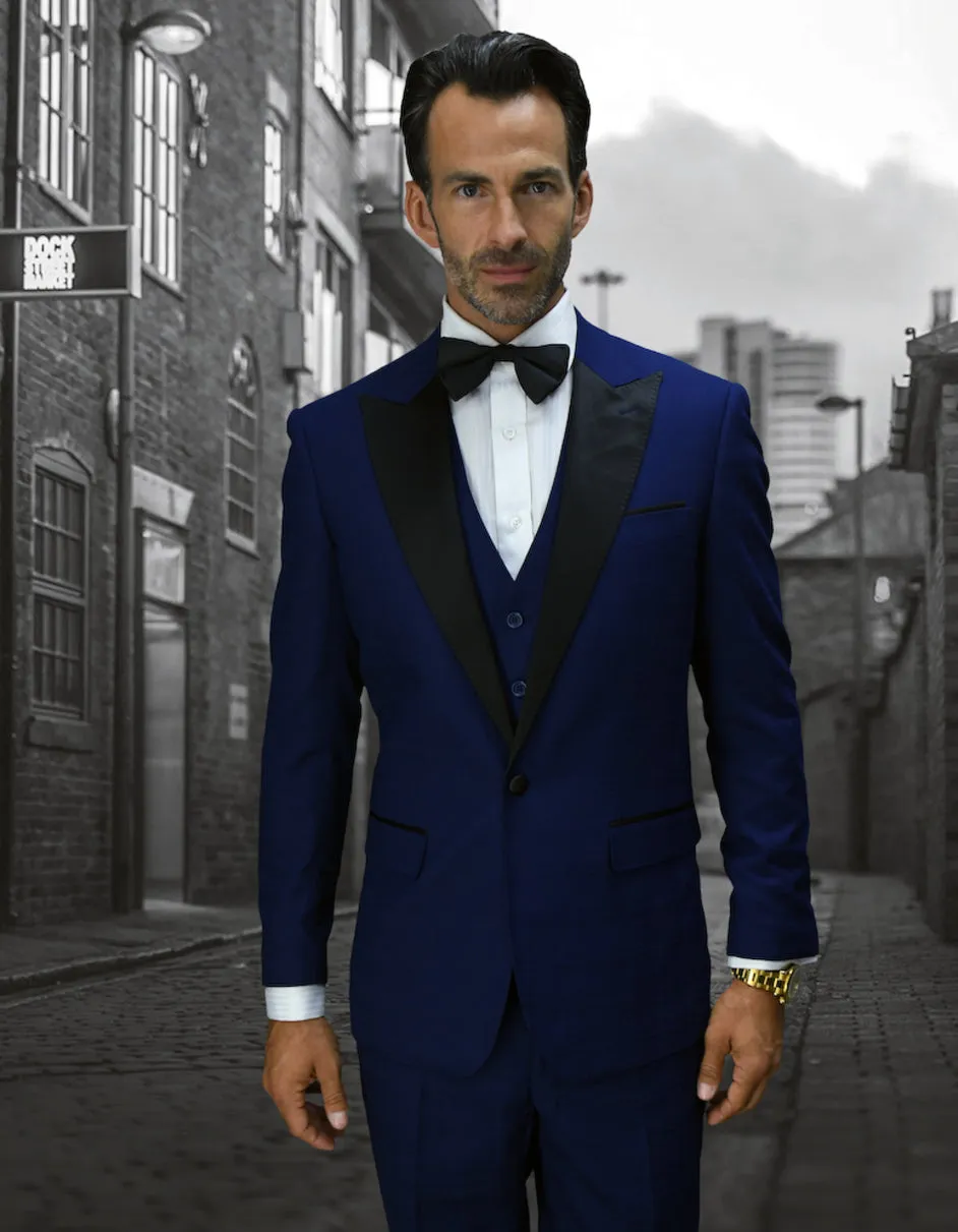 Mens 1 Button Peak Lapel Vested Wool Tuxedo in Sapphire Blue