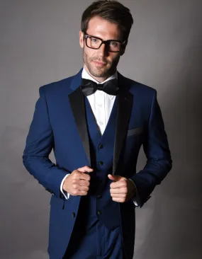 Mens 2 Button Modern Fit Vested Wool Tuxedo in Sapphire Blue