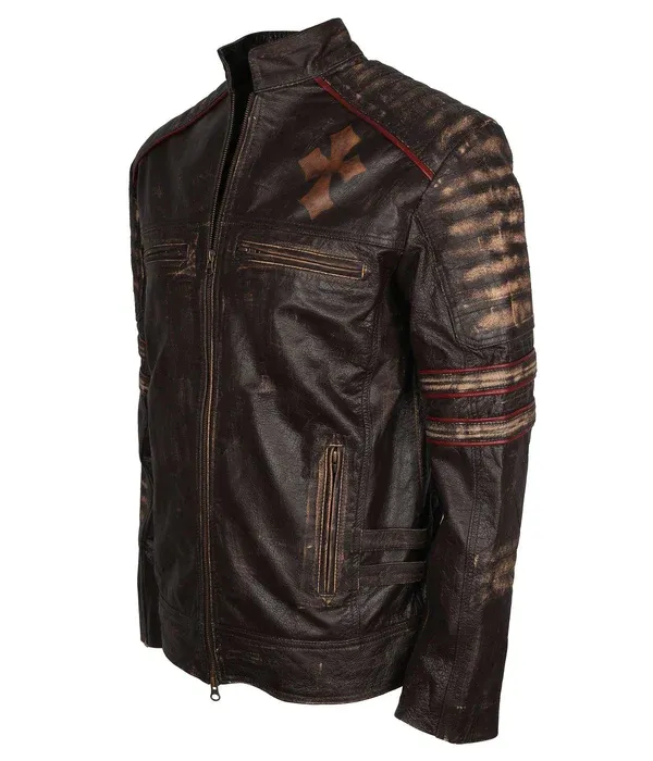 Mens Brown Vintage Motorcycle Cross Sign Leather Jacket