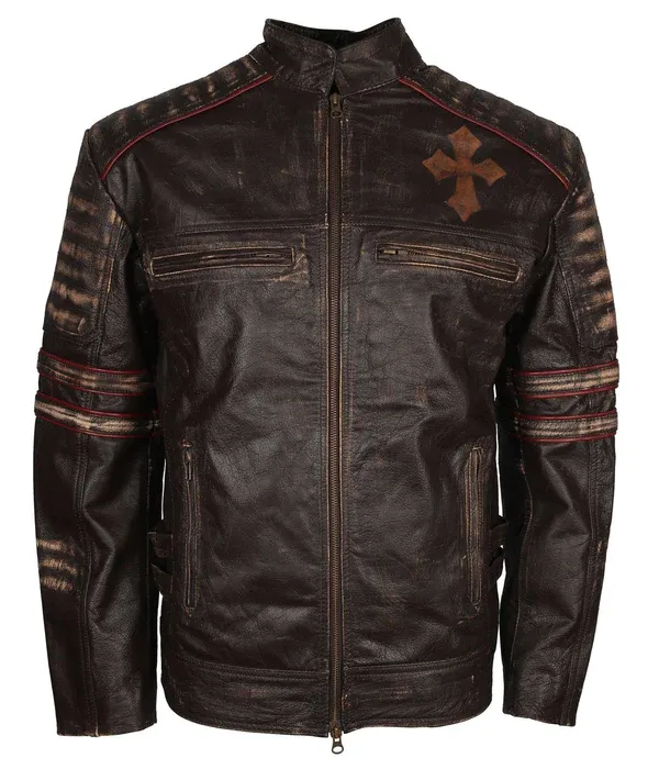 Mens Brown Vintage Motorcycle Cross Sign Leather Jacket