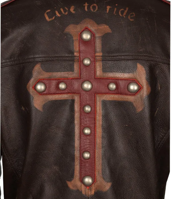 Mens Brown Vintage Motorcycle Cross Sign Leather Jacket