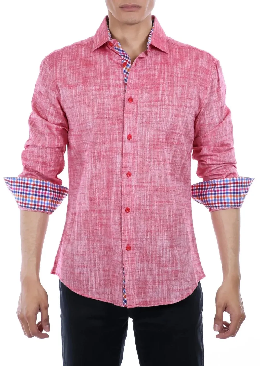 Men's Solid Red Linen Long Sleeve Shirt Modern-FIT Style No-202238