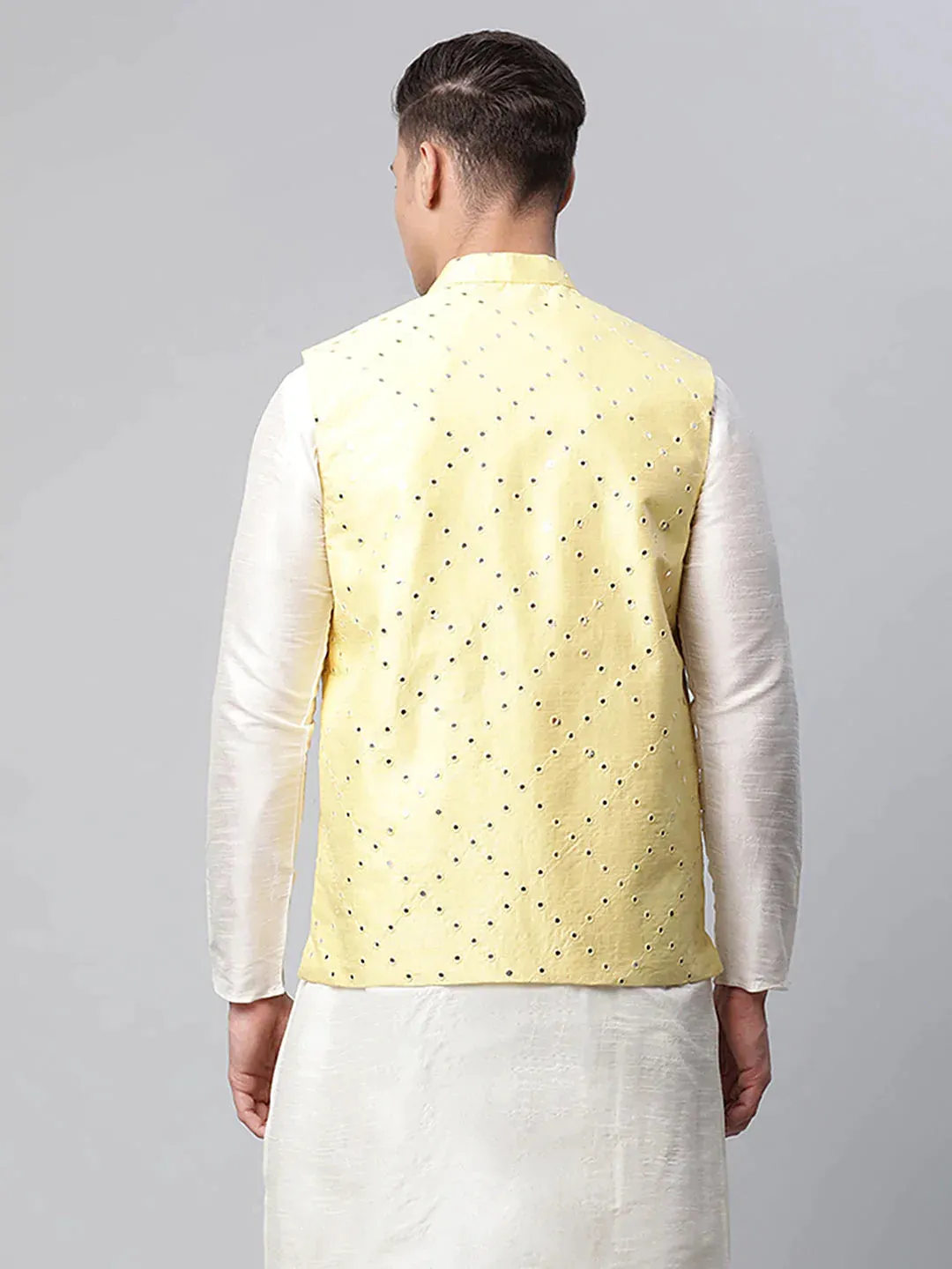 Men'S Yellow Mirror Work Embroidered Nehru Jacket