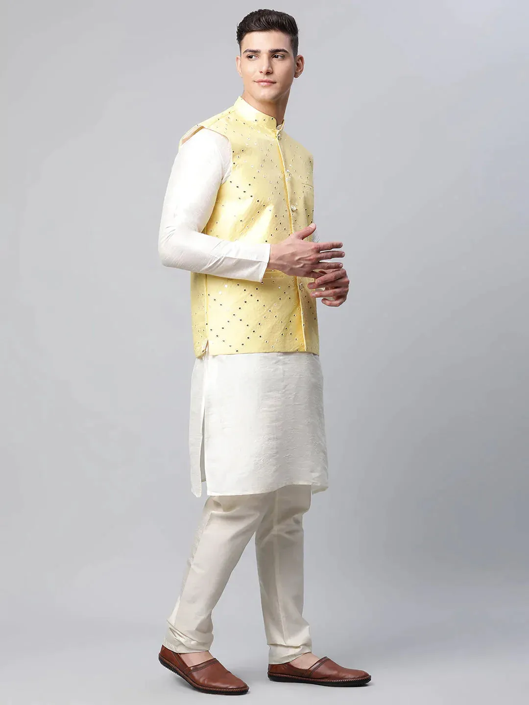 Men'S Yellow Mirror Work Embroidered Nehru Jacket