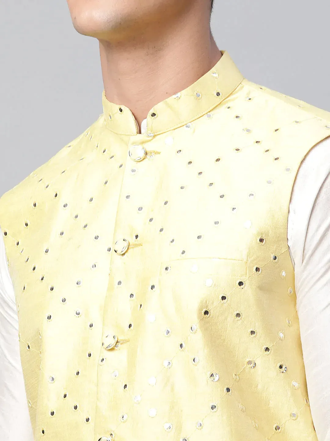 Men'S Yellow Mirror Work Embroidered Nehru Jacket