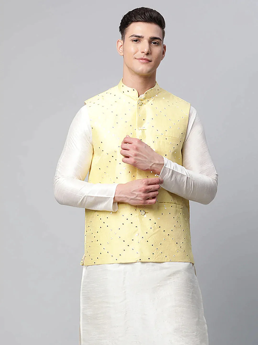 Men'S Yellow Mirror Work Embroidered Nehru Jacket