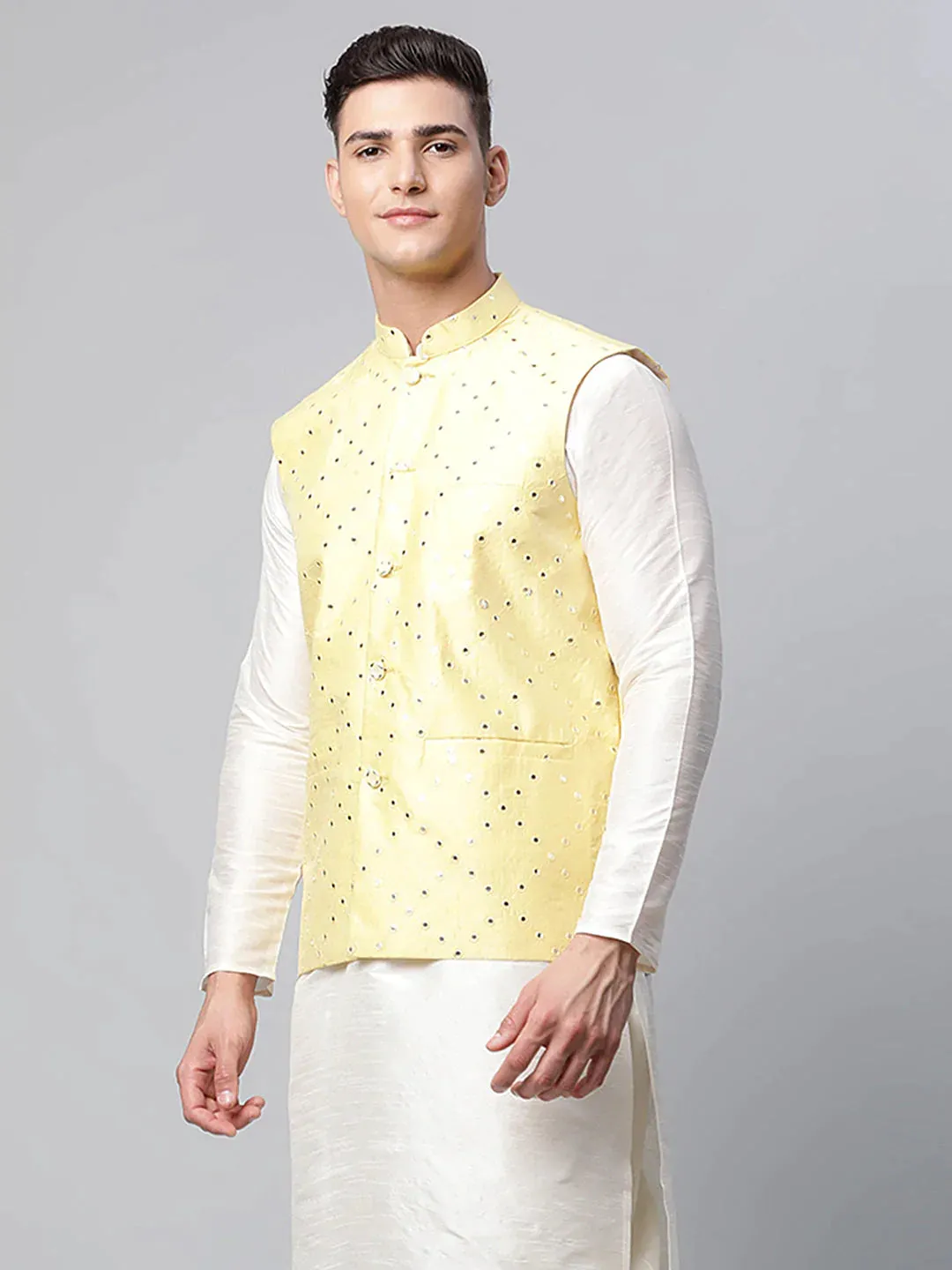 Men'S Yellow Mirror Work Embroidered Nehru Jacket