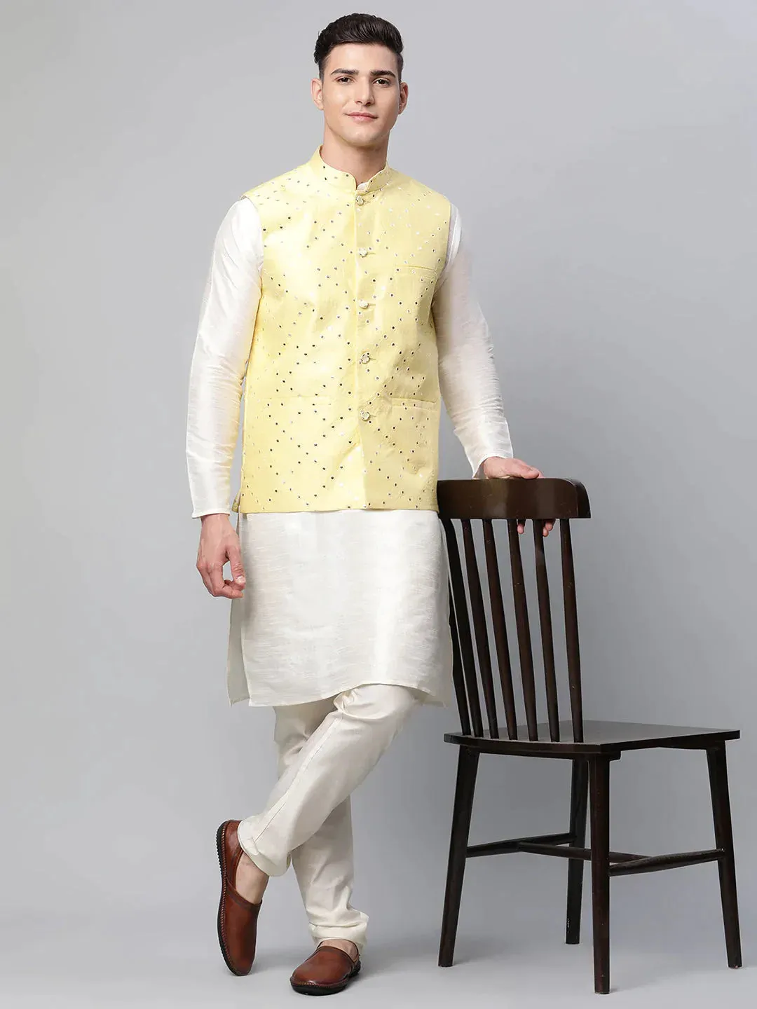 Men'S Yellow Mirror Work Embroidered Nehru Jacket