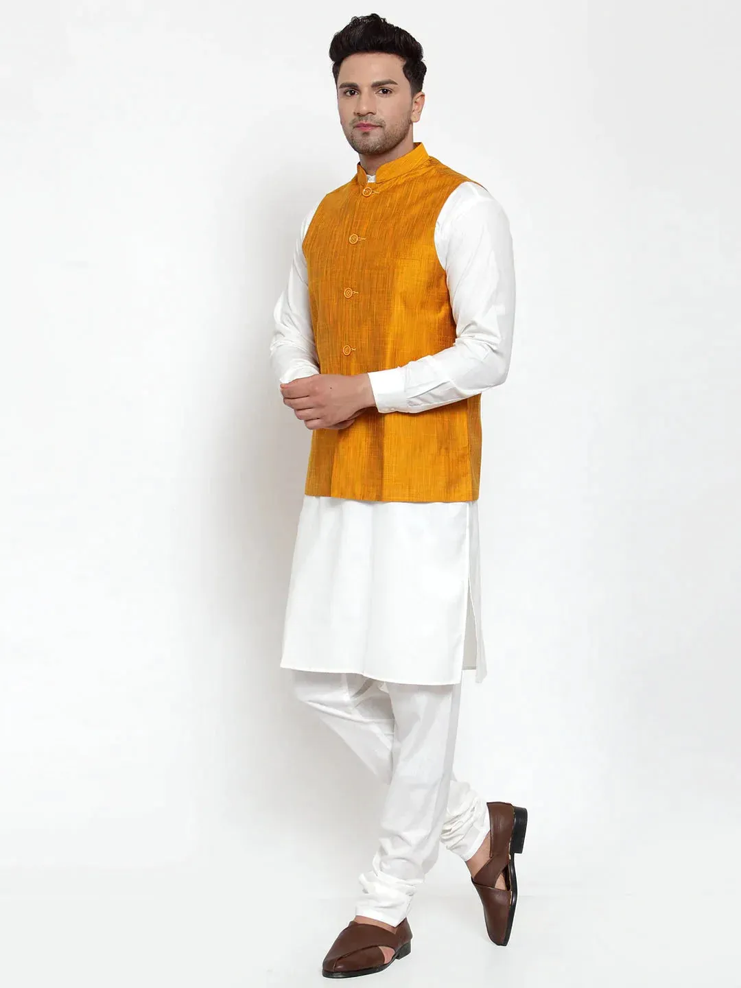 Men'S Yellow Woven Design Nehru Jacket