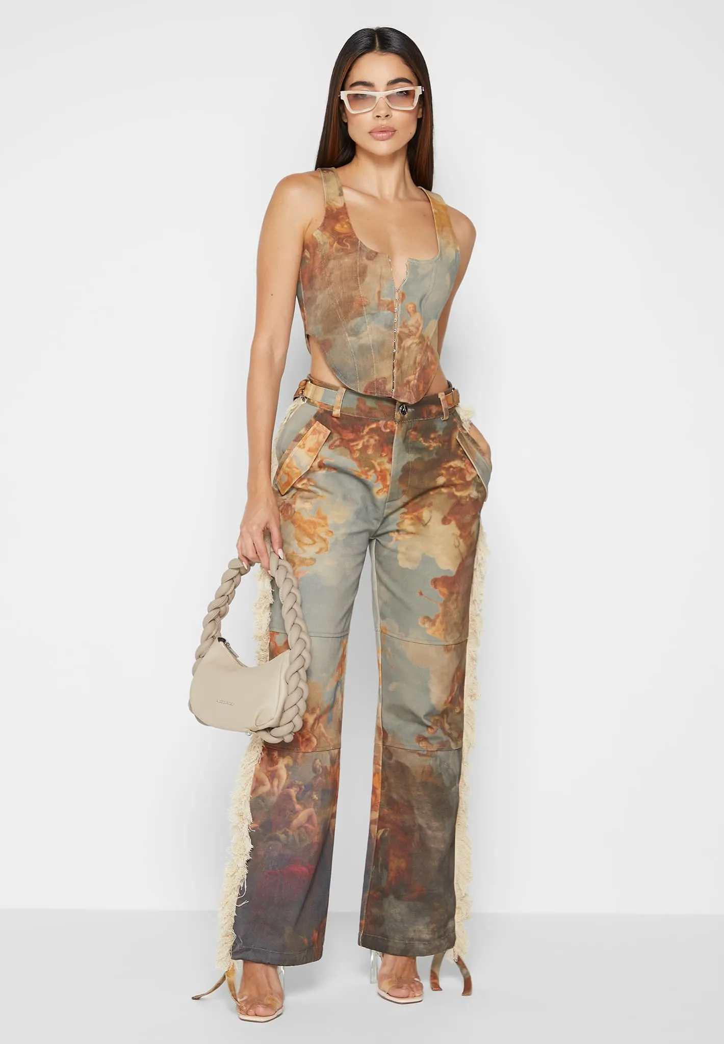 Mid Rise Art Cargo Pants with Tassels - Multi