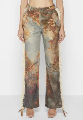 Mid Rise Art Cargo Pants with Tassels - Multi