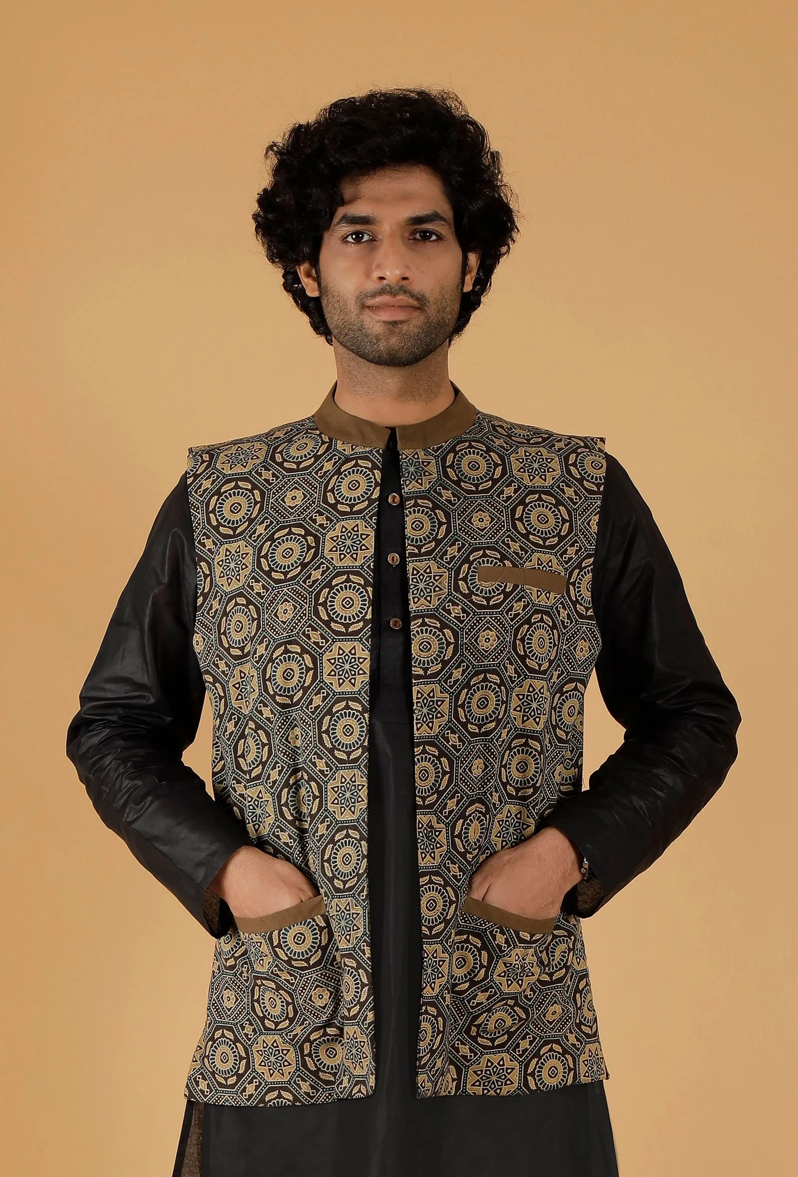 Olive Green Ajrakh Print Cotton Sleeveless Nehru Jacket With Pockets