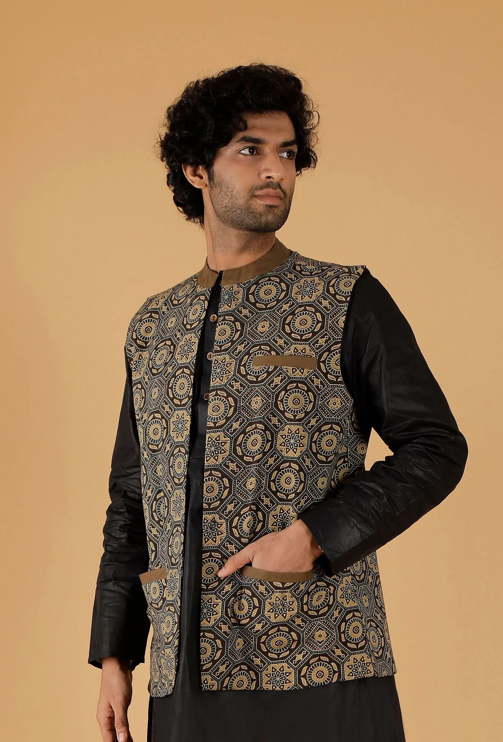 Olive Green Ajrakh Print Cotton Sleeveless Nehru Jacket With Pockets