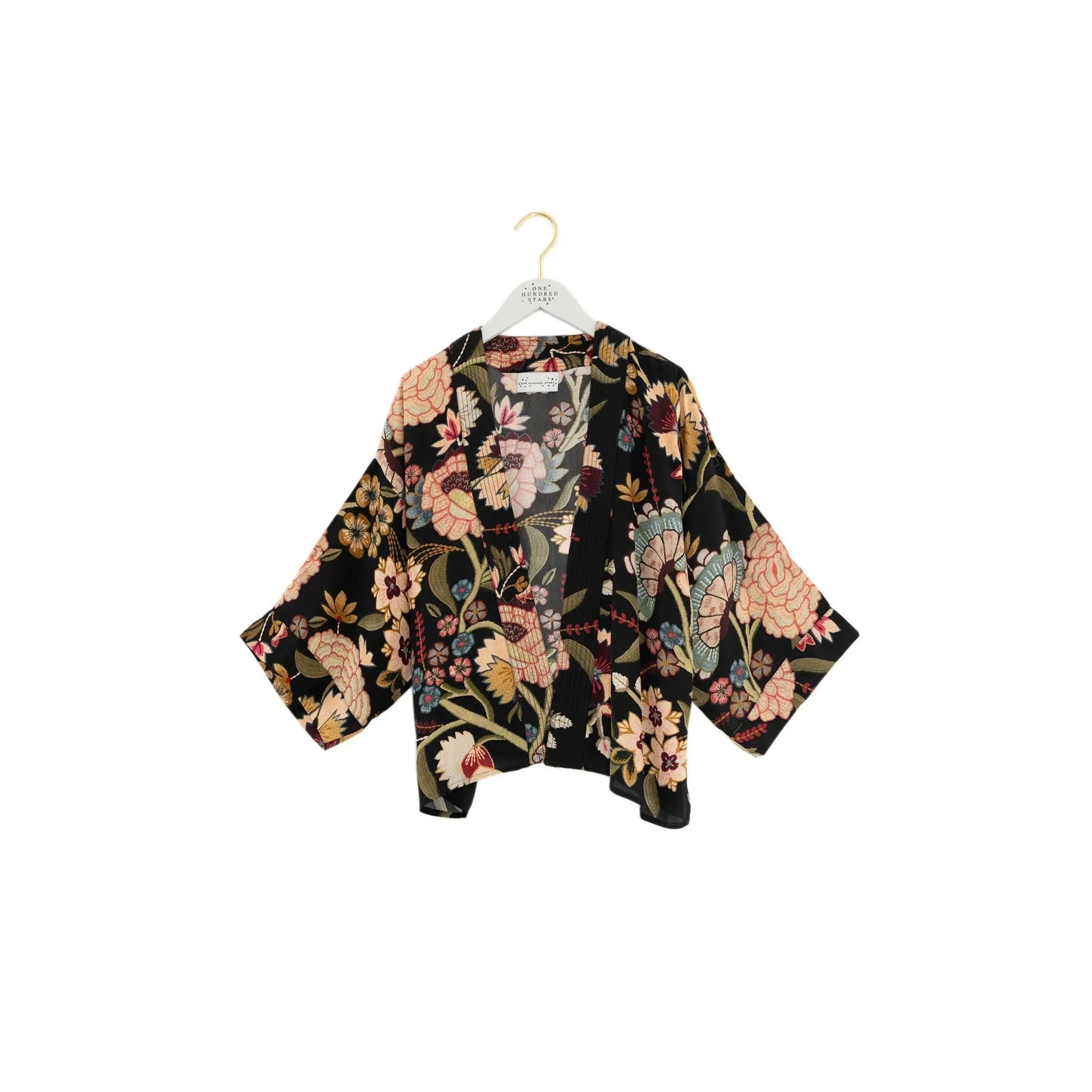 One Hundred Stars Dahlia Black Crepe Kimono