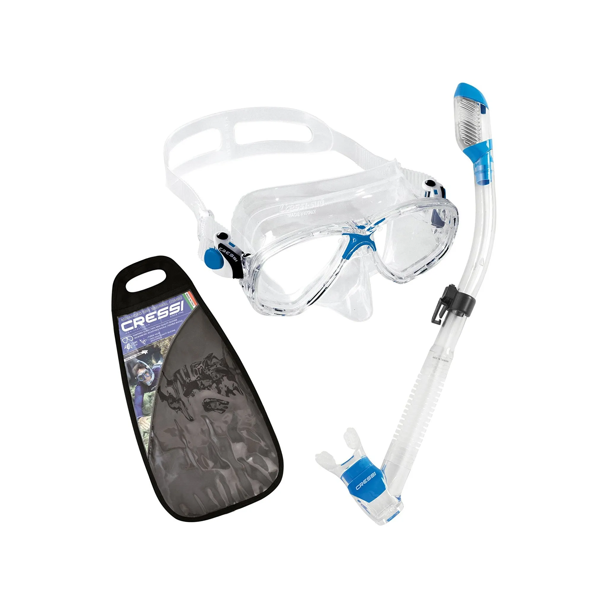 Open Box Cressi Marea Coloram Dry Mask and Supernova Dry Snorkel - Clear/Blue