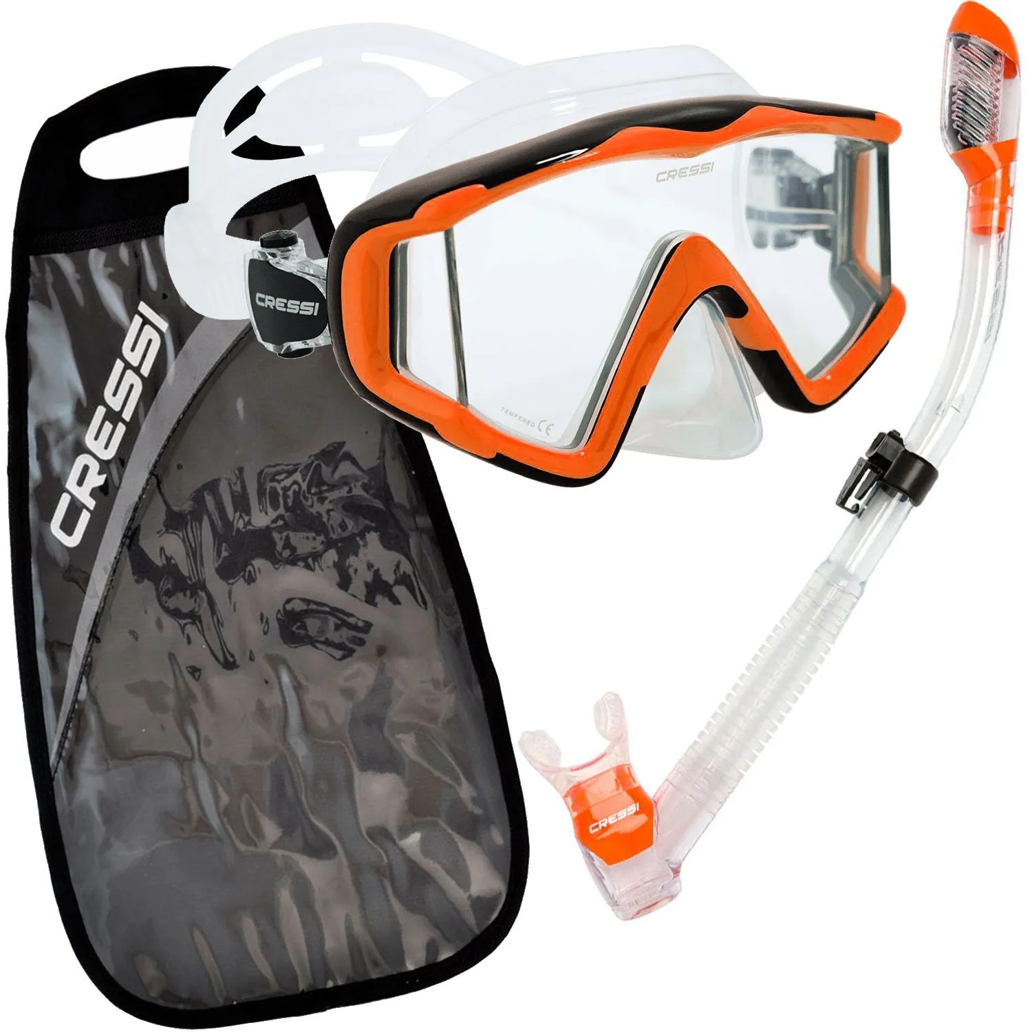 Open Box Cressi Pano 3 Mask Supernova Dry Adult Size Snorkel Combo Carring Bag Packages-Clear / Orange