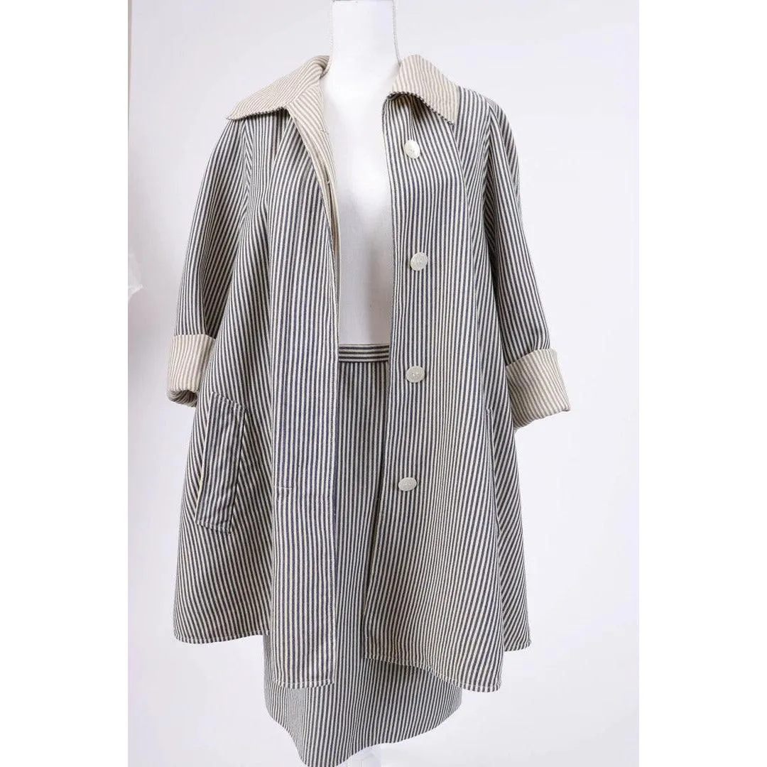 OSCAR DE LA RENTA 1980's Blue and White Pinstripe Wool Swing Coat and Skirt Set |  Size 10 - M/L