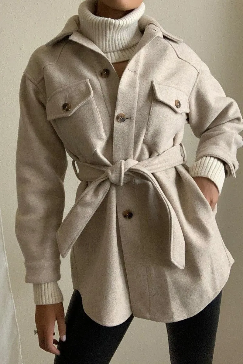 Oversized Utility Pocket Blend Wool Overshirt Shacket with Tie Waist Belt Coat