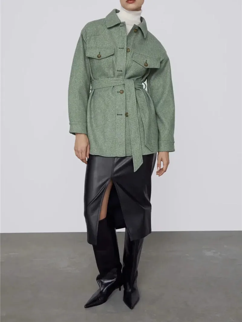 Oversized Utility Pocket Blend Wool Overshirt Shacket with Tie Waist Belt Coat