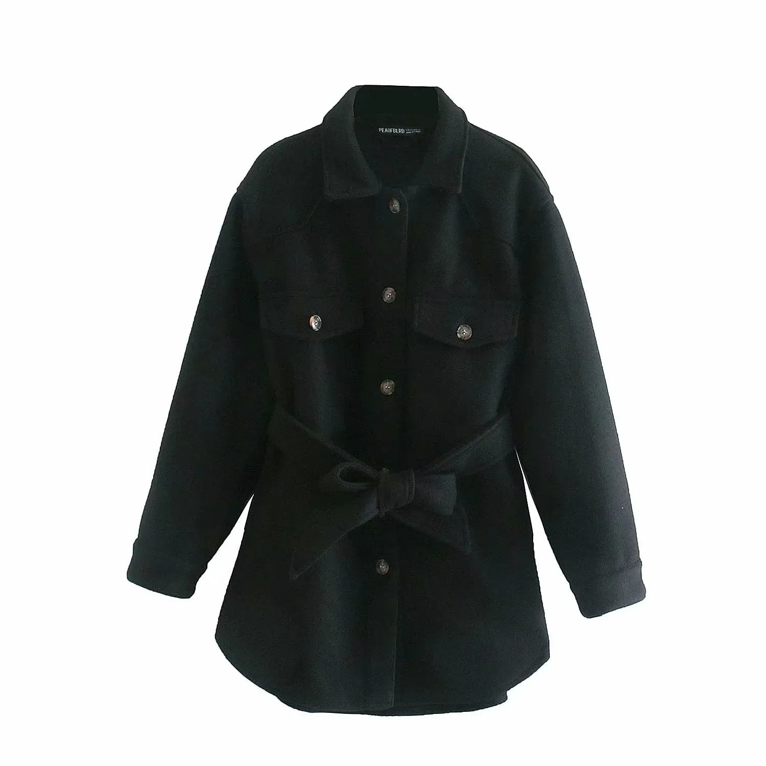 Oversized Utility Pocket Blend Wool Overshirt Shacket with Tie Waist Belt Coat