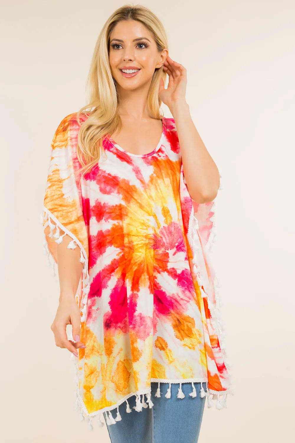 PA-4122 tie dyed poncho with tassels