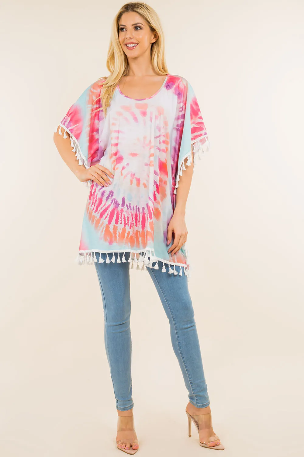 PA-4122 tie dyed poncho with tassels