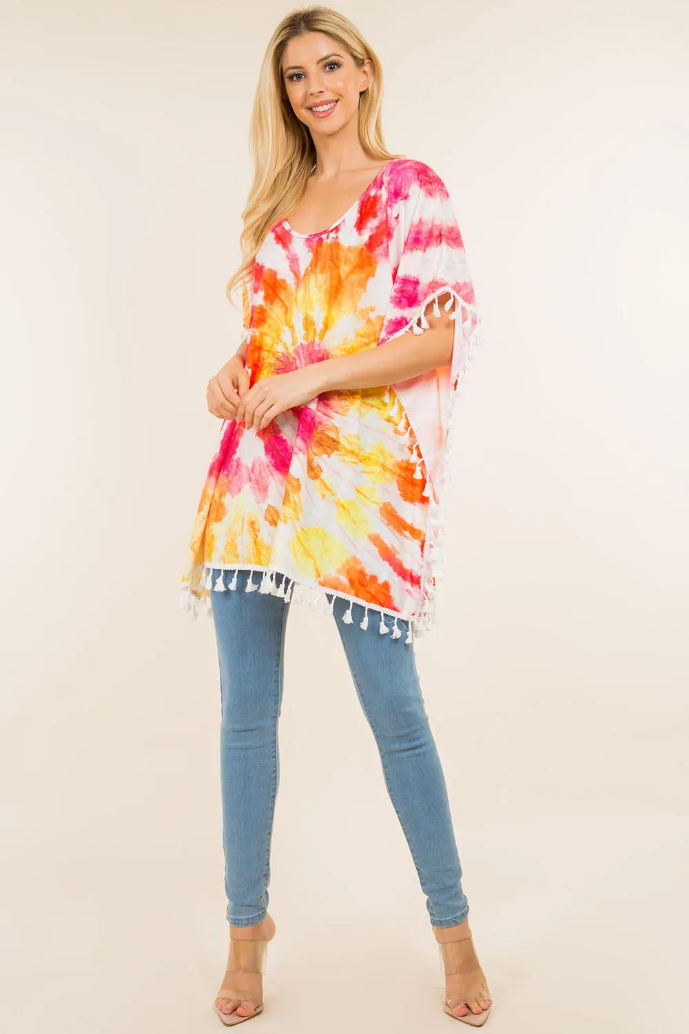 PA-4122 tie dyed poncho with tassels