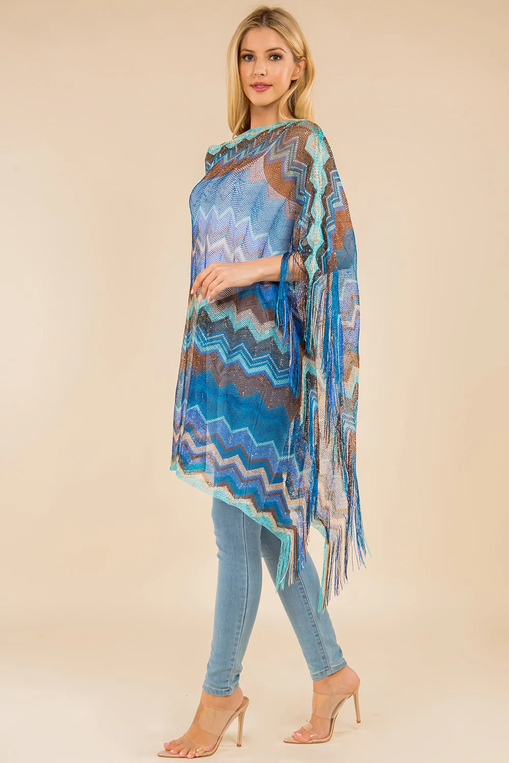 PON-671 metallic zigzag poncho with fringes